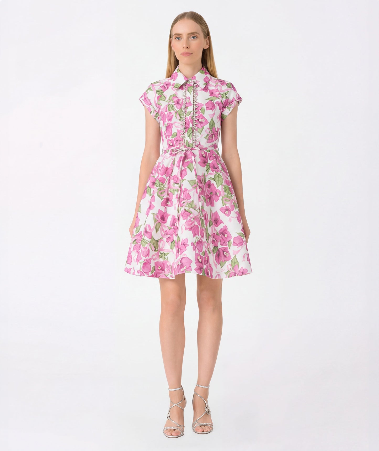 Elegant floral A-line dress with crystal placket detailing and adjustable fabric waist tie