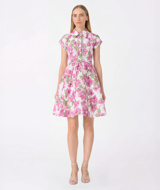 Elegant floral A-line dress with crystal placket detailing and adjustable fabric waist tie
