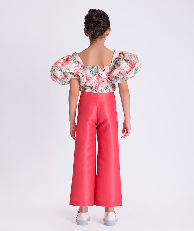 Back view of the Floral Wide Leg Pants Girls Outfit showing the balloon-sleeve top with back zip closure and wide-leg pants made from breathable lightweight fabric, designed for girls ages 3–12 for Eid, Easter, and garden parties.