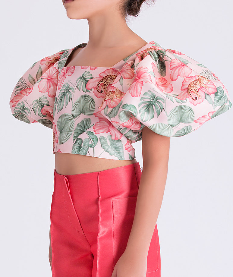 Close-up detail of the Floral Wide Leg Pants Girls Outfit highlighting the floral balloon sleeves and structured bodice crafted from premium lightweight woven fabric, fully cotton lined for comfort, ideal for festive events and celebrations for ages 3–12.