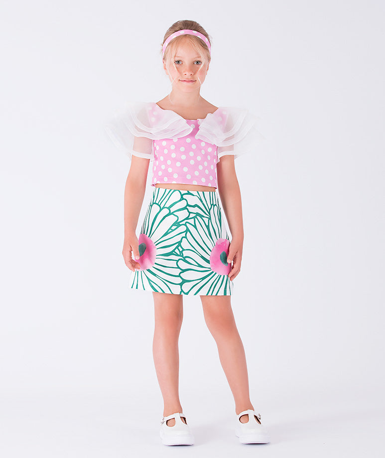 Puantiyeli Fırfırlı Pembe Bluz | 5-6 Yaş