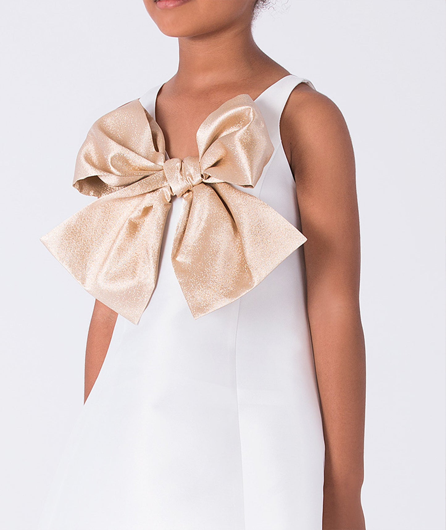 Gold Fiyonk Detaylı Ekru Kız Çocuk Elbisesi