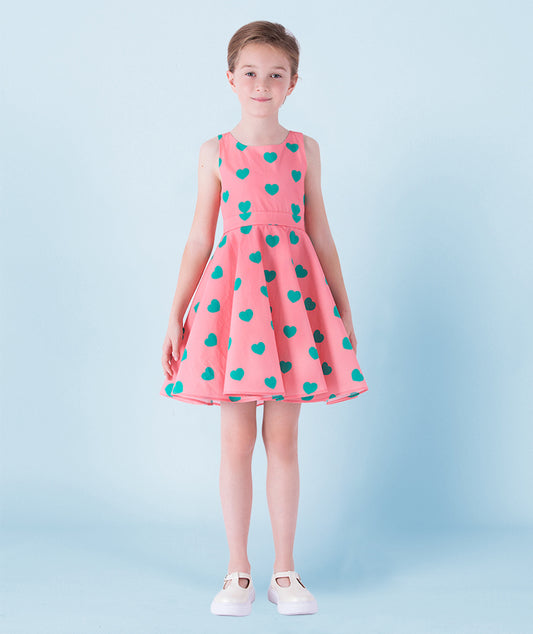 Kalp Desenli Pembe Elbise | 11-12 Yaş