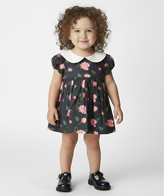 Lacivert Gül Desenli Yakalı Pamuklu Bebek Elbisesi