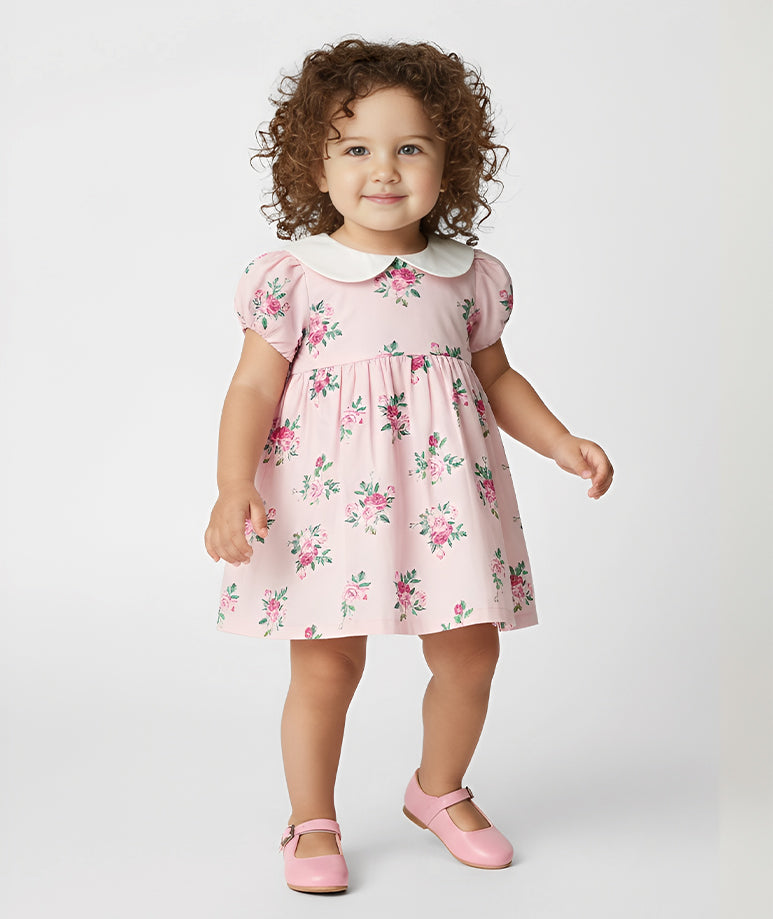 Pembe Mini Güllü Pamuklu Bebek Elbisesi