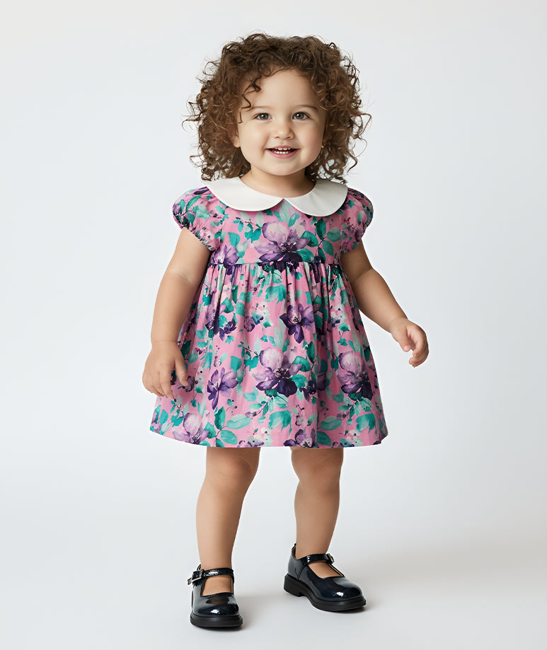 Mor Çiçek Desenli Yakalı Pembe Bebek Elbisesi