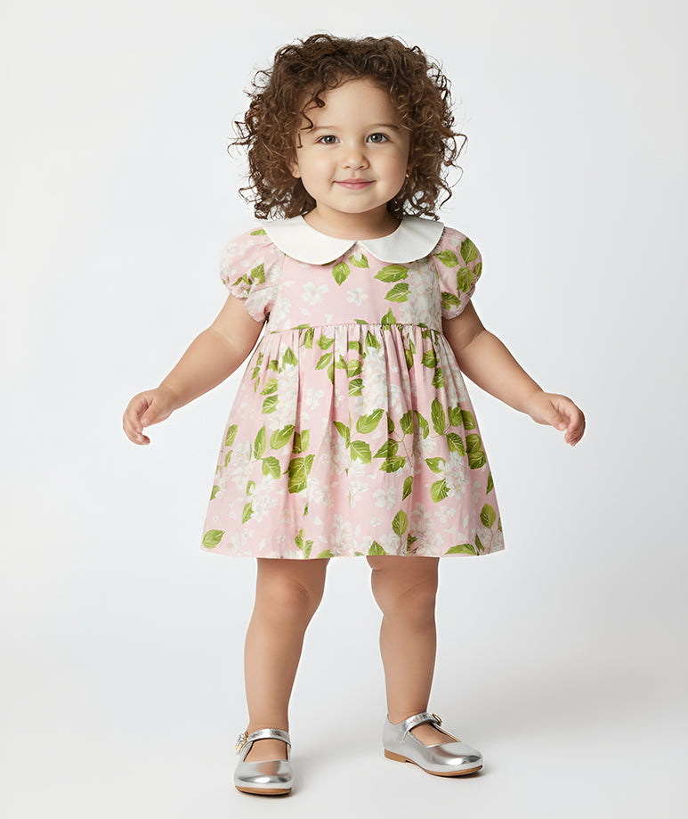 Pembe Yaprak Desenli Yakalı Bebek Elbisesi