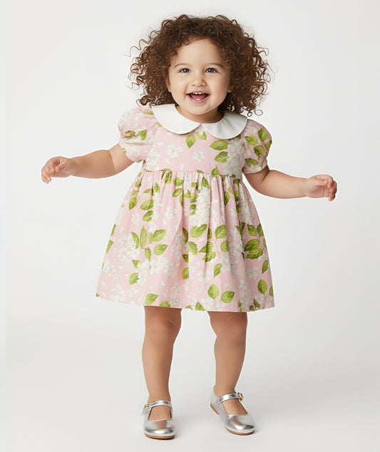 Pembe Yaprak Desenli Yakalı Bebek Elbisesi