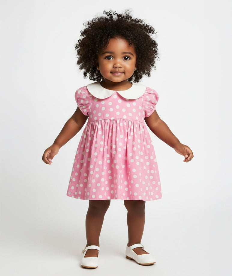 Pembe Puantiyeli Pamuklu Bebek Elbisesi