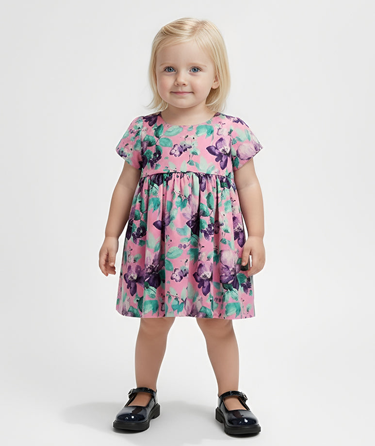 Pembe Mor Çiçek Desenli Kısa Kollu Bebek Elbisesi