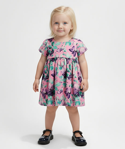 Pembe Mor Çiçek Desenli Kısa Kollu Bebek Elbisesi