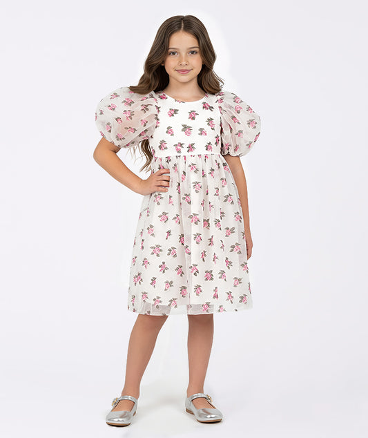 Çiçek Desenli Balon Kollu Elbise