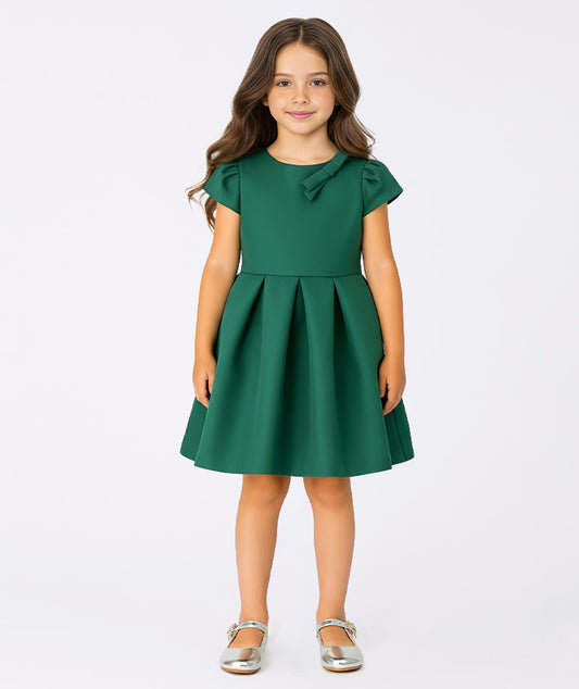 Fiyonklu Pileli Yeşil Elbise