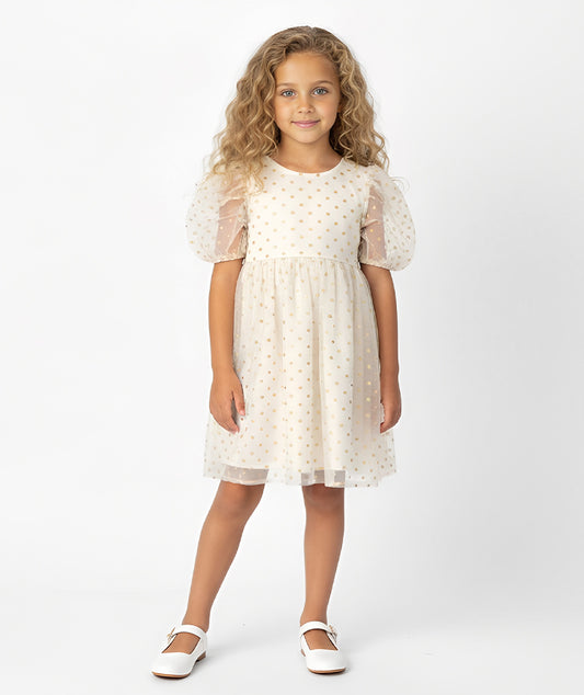 Gold Puantiyeli Balon Kollu Elbise