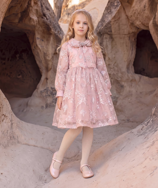 Fiyonklu Pembe Jakarlı Kız Çocuk Elbise