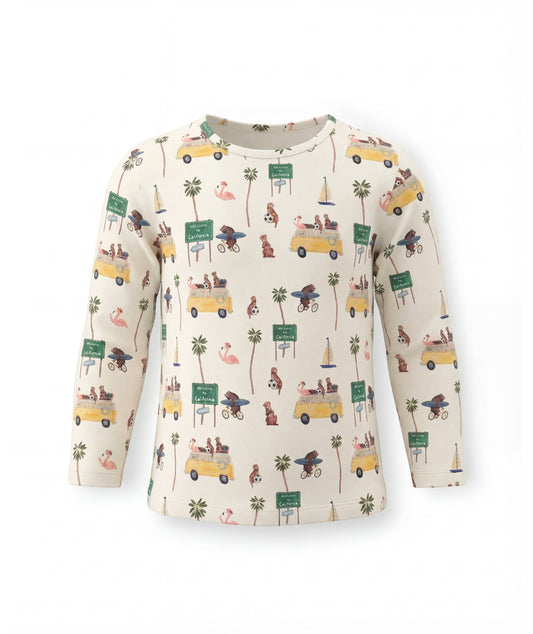 Long-sleeve shirt with a colorful pattern on a white background