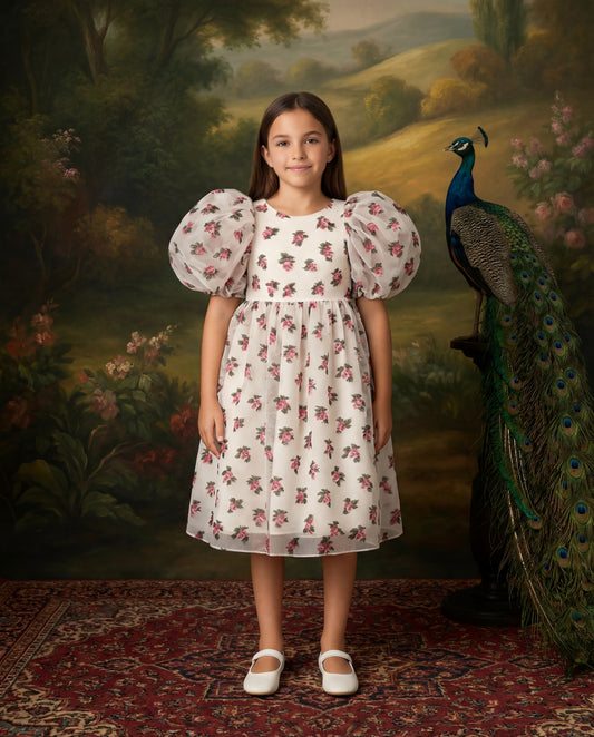 Çiçek Desenli Balon Kollu Elbise