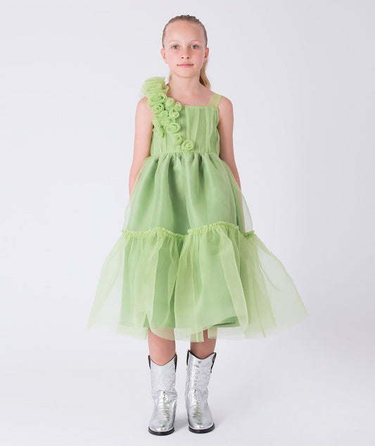 Front view of an organza girls dress with 3D shoulder floral detail by Mama Luma, designed for special occasions and elegant celebrations for ages 3–12.