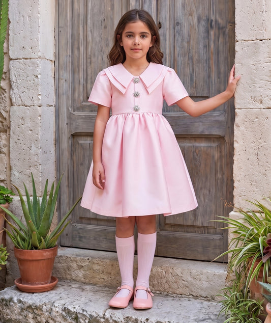Peter Pan Yakalı Taş Düğmeli Pembe Elbise