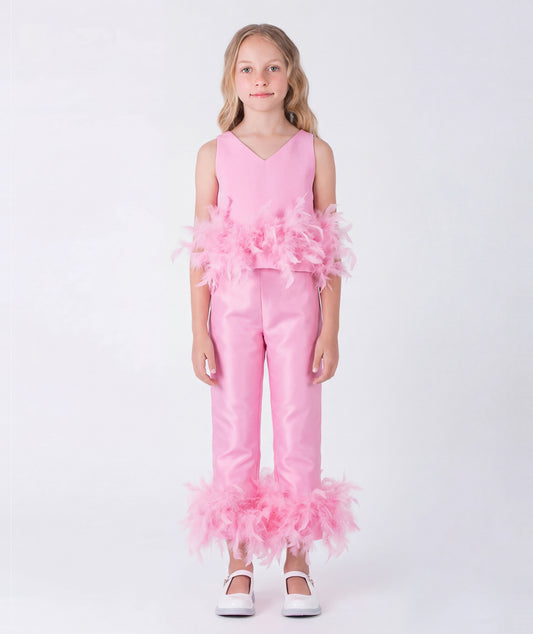 Tüylü Pembe Bluz ve Pantolon Kız Çocuk Kombini | 2 Parça