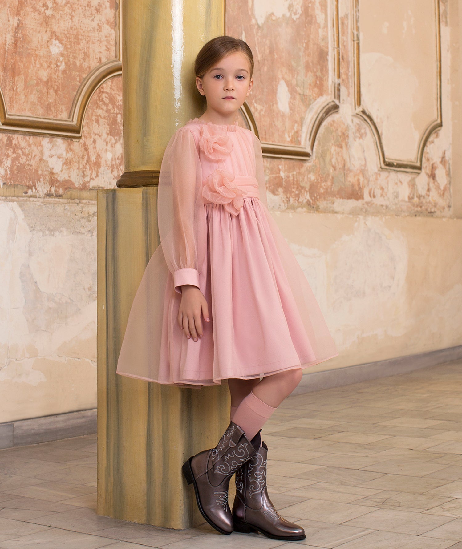 pink organza dress with 3D flower details for little girls
