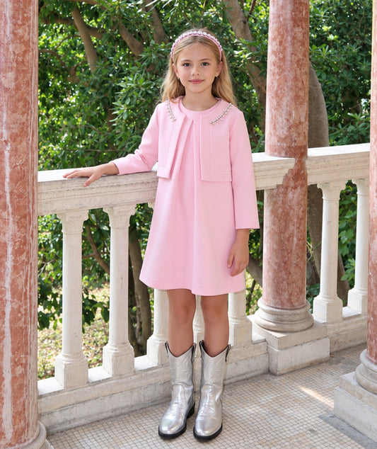 Taş İşlemeli Pembe Elbise