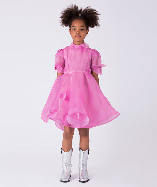 Sheer organza girls dress in soft pink with 3D floral appliqués, puff sleeves and flowing skirt, designed for elegant special occasions