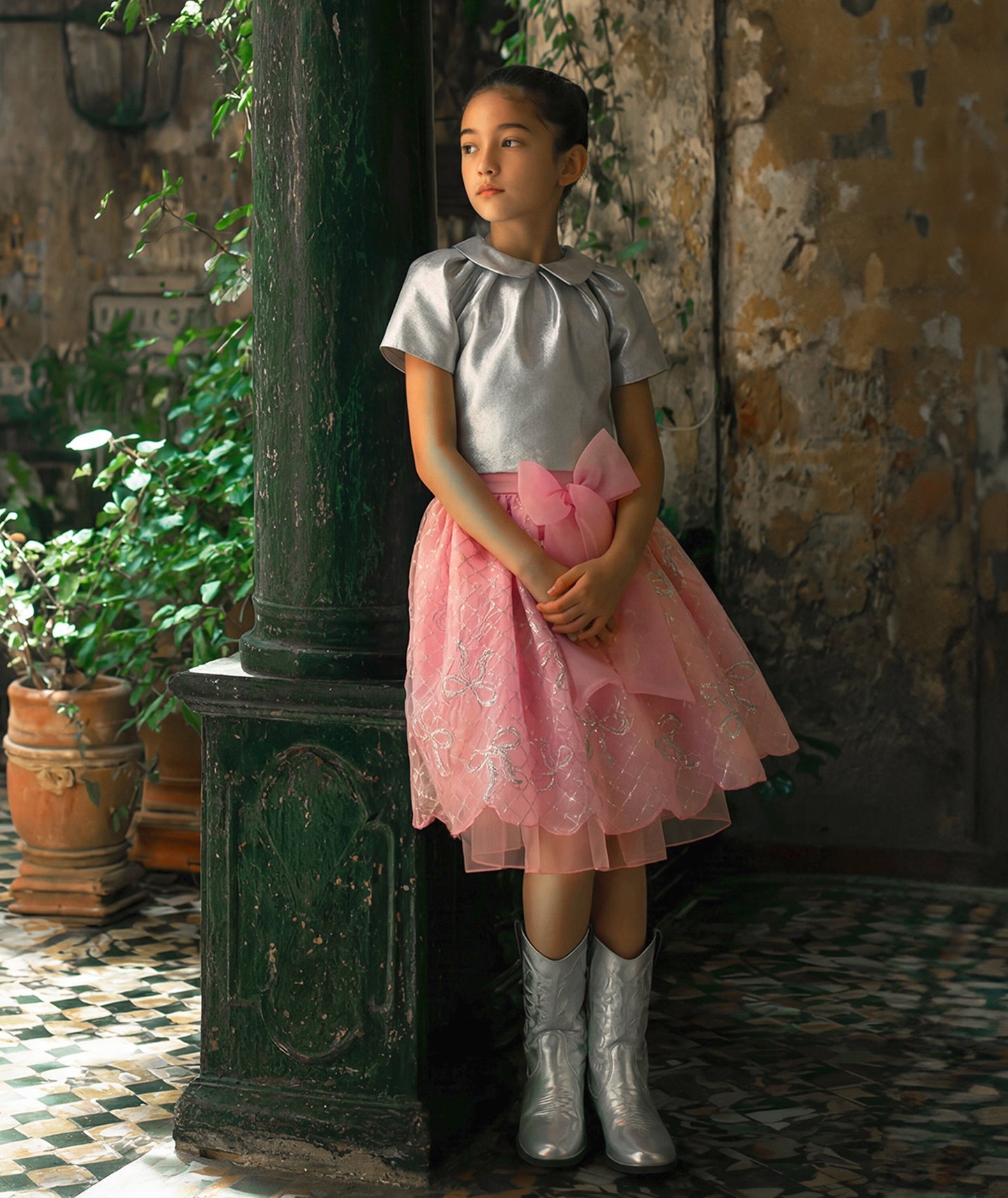 Pembe Jakarlı Fiyonk Detaylı Kız Çocuk Kombini | 2 Parça