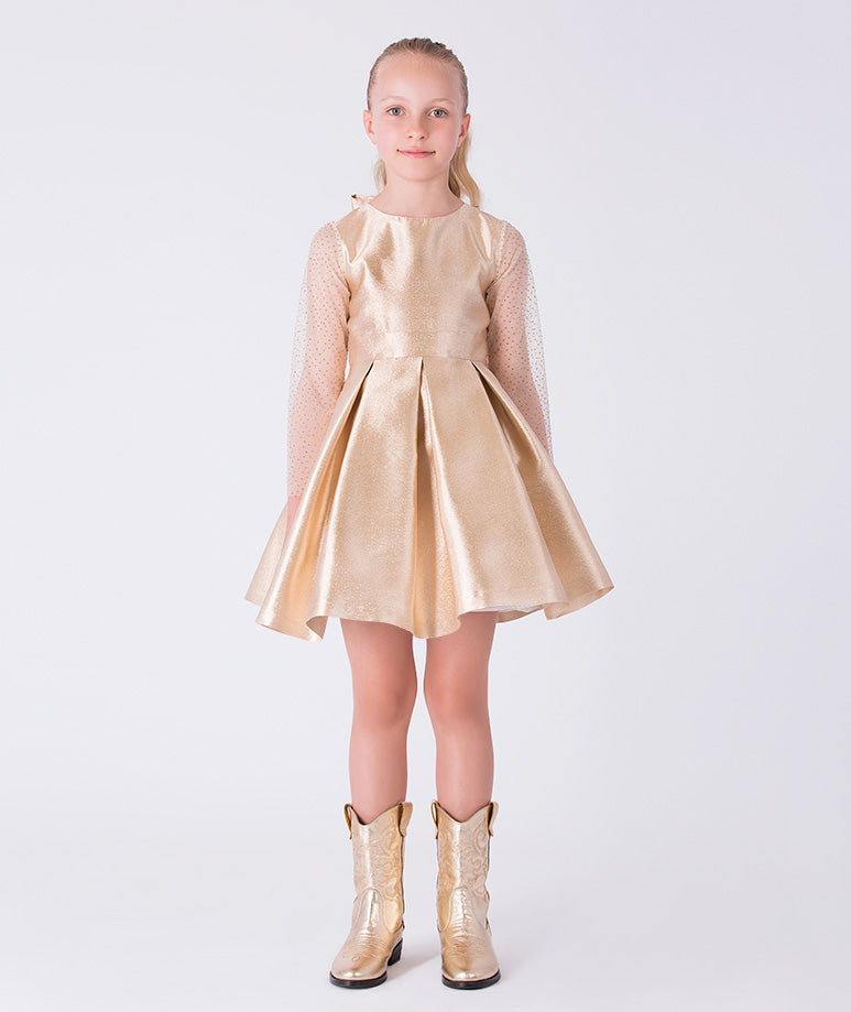 Front view of gold metallic girls dress with sheer dotted tulle long sleeves and pleated skirt from Golden Amara collection.