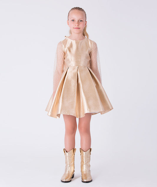 Front view of gold metallic girls dress with sheer dotted tulle long sleeves and pleated skirt from Golden Amara collection.