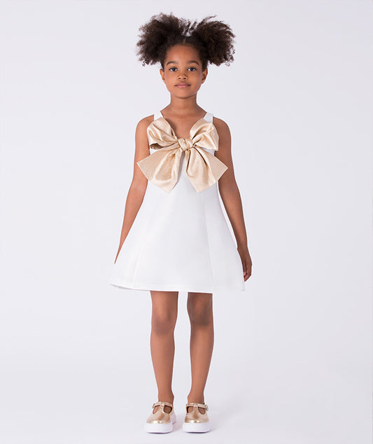 Gold Fiyonk Detaylı Ekru Kız Çocuk Elbisesi