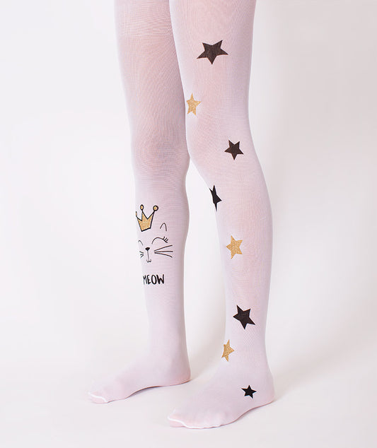 kedi ve yıldız desenli beyaz külotlu çorap