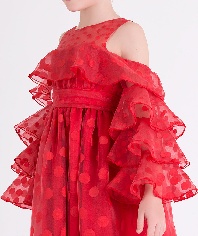 red ruffled dress with red polka dots 