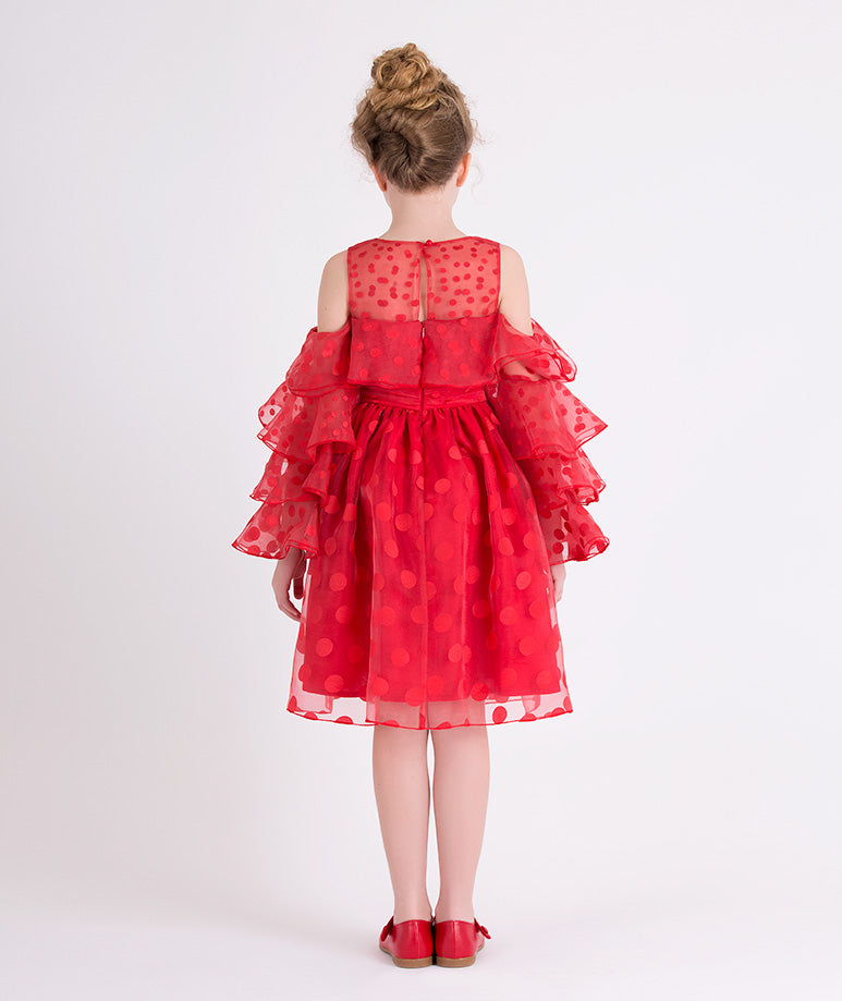 red ruffled dress with polka dots 