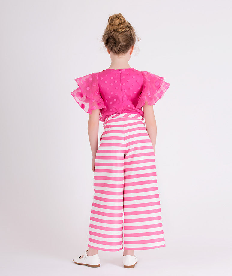 pink polka dot ruffled sleeve blouse, pink and white striped pants