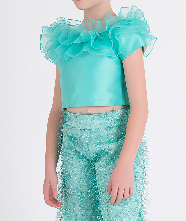 mint ruffled blouse and shimmery feathered pants