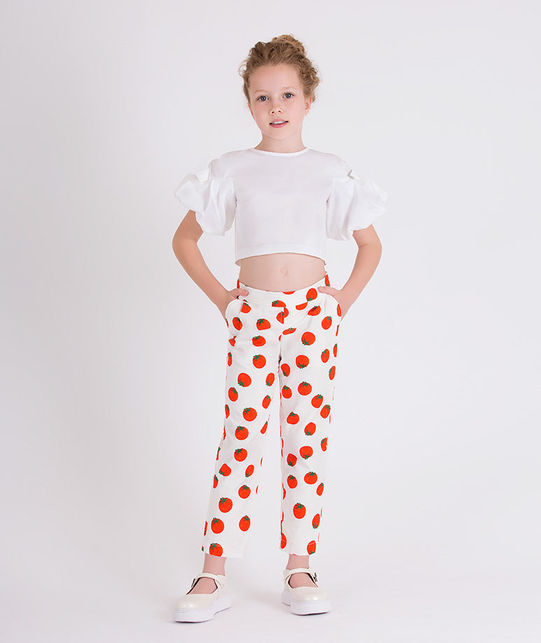 cute summer outfit, ecru balloon sleeved blouse and matching pants with tomato prints