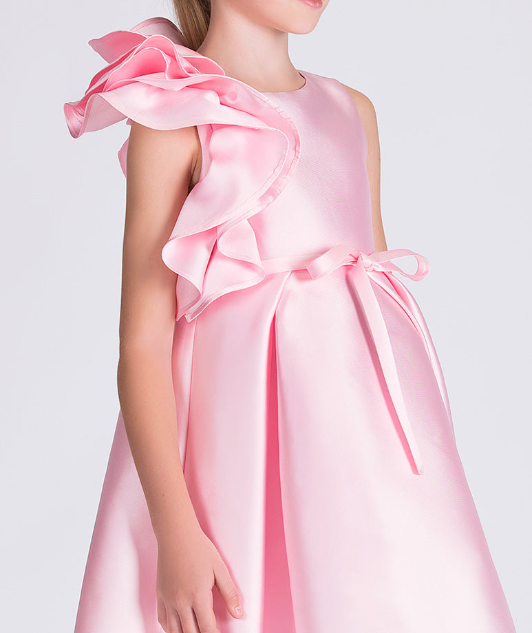 pink dress with ruffled sleeve and a little bow on the waist