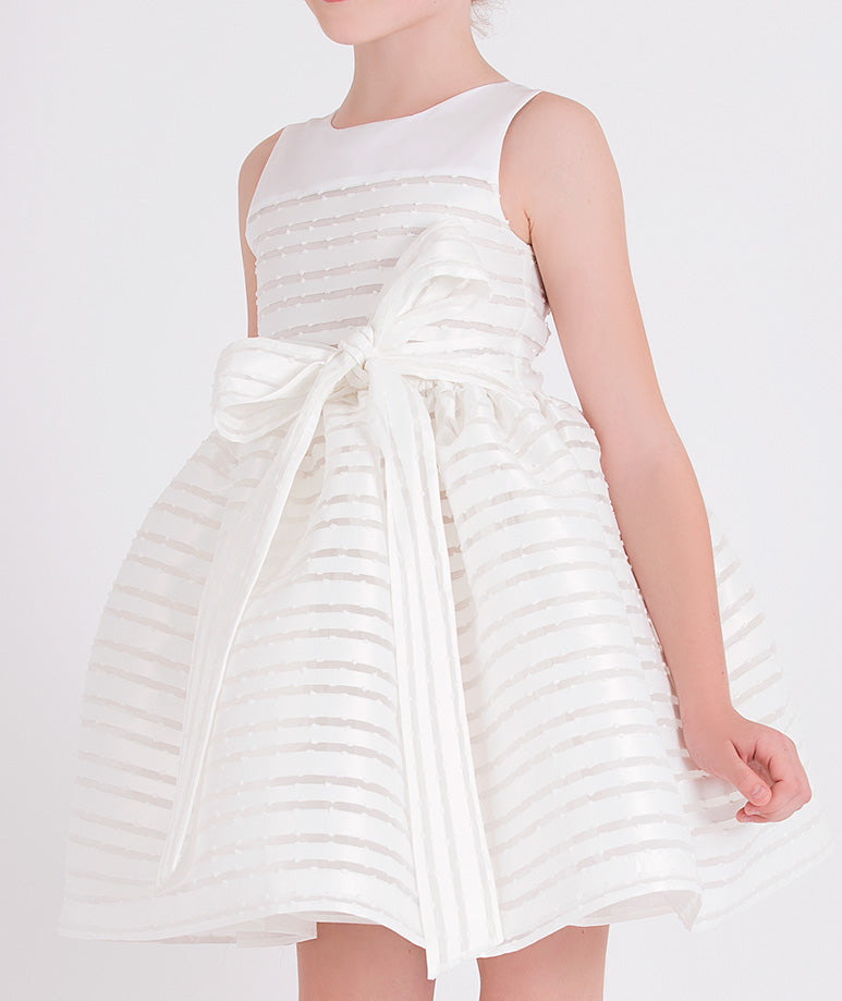 white striped dress with a bow on the waist