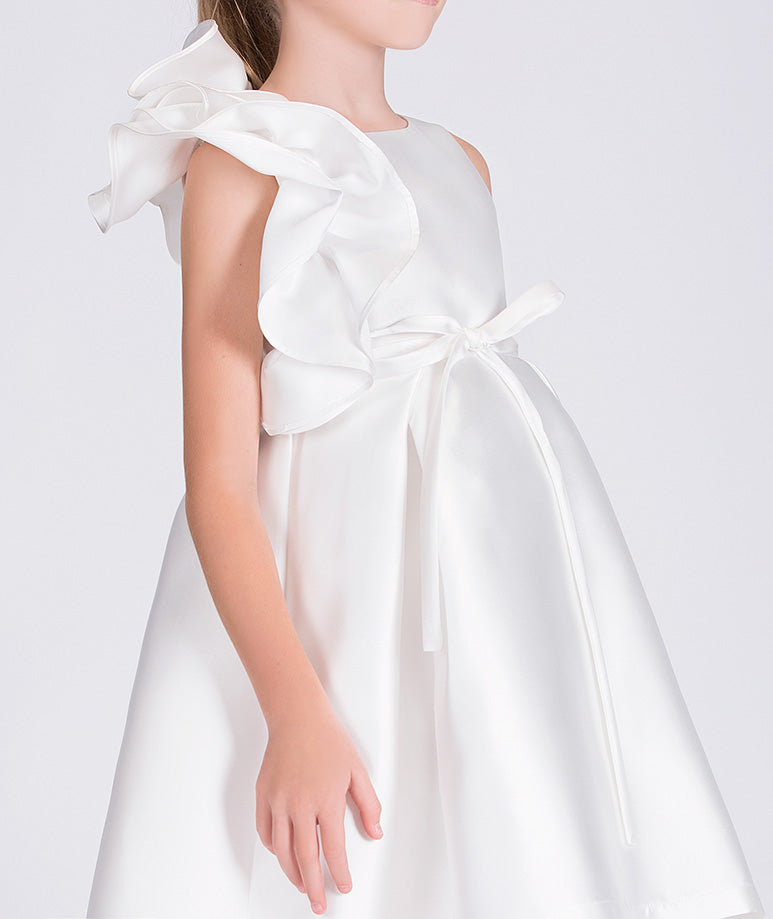 white dress with ruffled sleeve and little bow on the waist