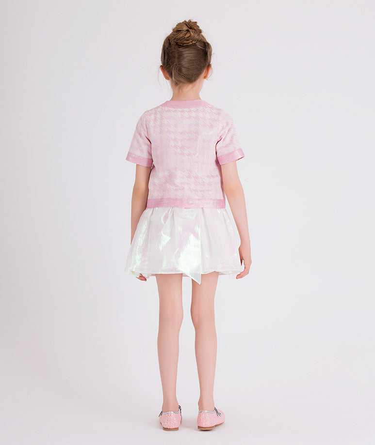 pink houndstooth jacket and white jacquard skirt