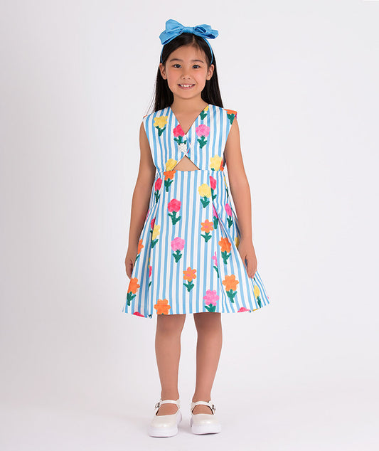 blue and white striped dress with colorful flower prints