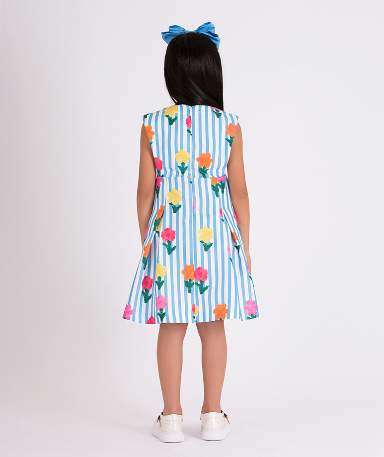 blue dress with white stripes and colorful floral prints