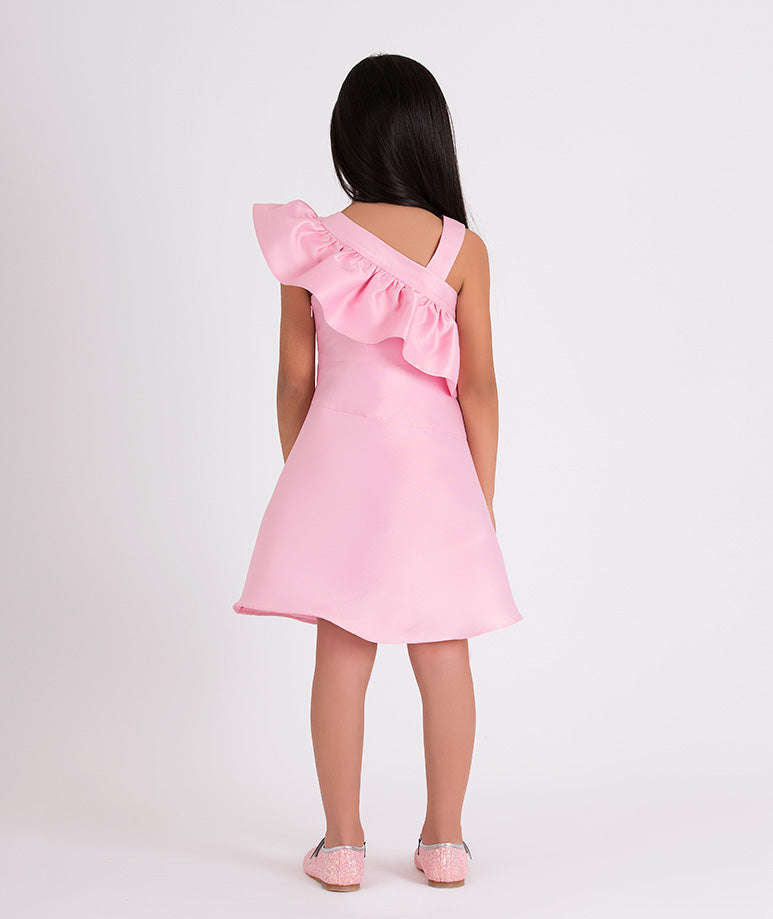 pink one shoulder ruffled dress