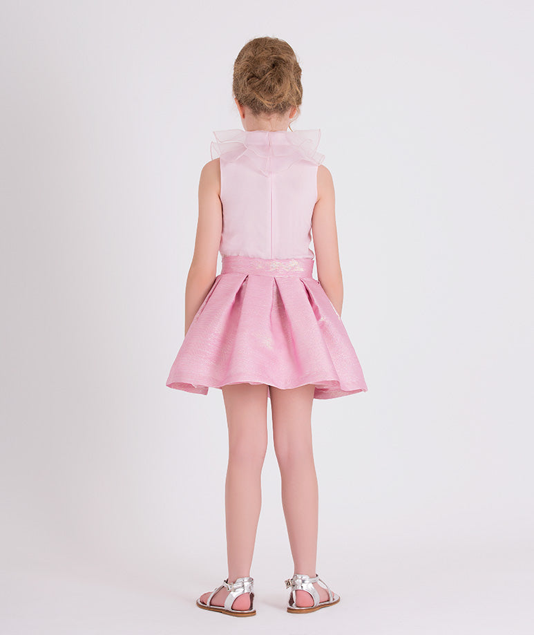 pink organza blouse and jacquard skirt