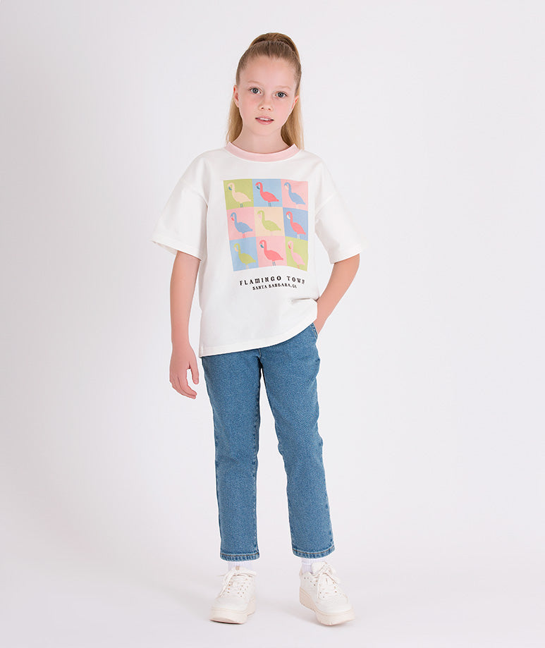 ecru oversize t-shirt with colorful flamingo prints