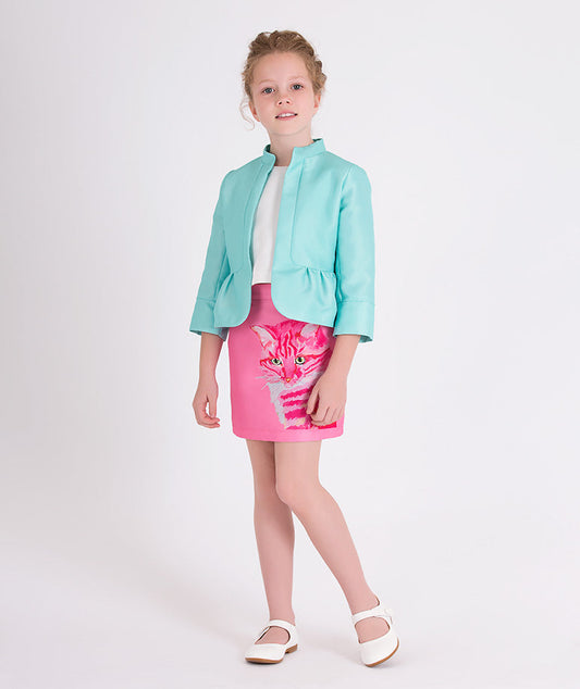 mint chic jacket and pink skirt with cat print