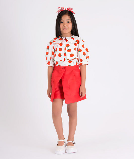 ecru, peter pan collared blouse with tomato prints and red short skirts