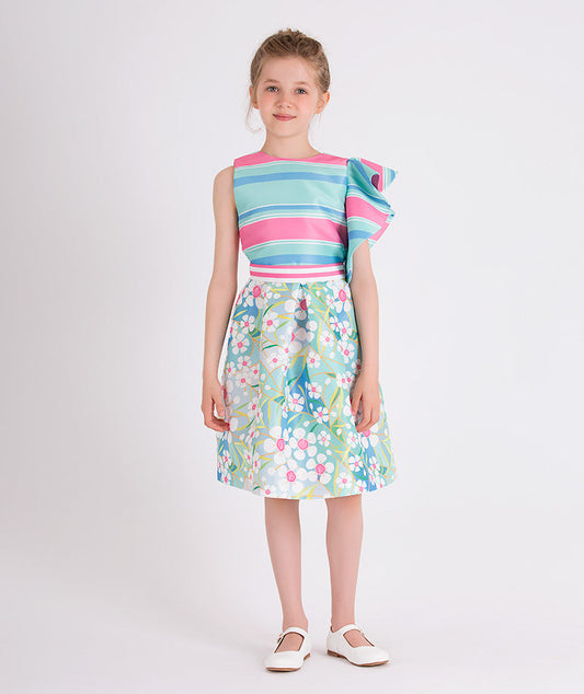 mint and pink striped ruffled blouse and colorful floral skirt