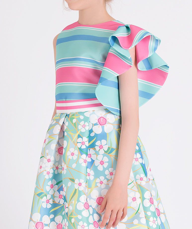 mint and pink striped blouse with a ruffled sleeve and floral skirt